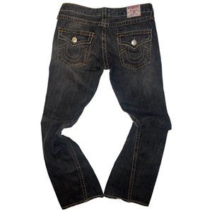 EUC WOMENS TRUE RELIGION JEANS BLACK WITH TAN BROWN  SZ 29 FLARE CUT BELL BOTTOM